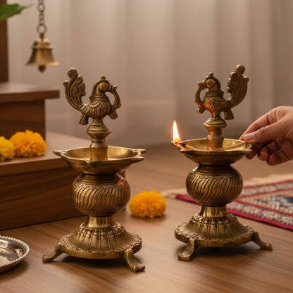 Urli Utsav 8.5-inch Annam Bird Diya – Handcrafted Brass Oil Lamp for South Indian Pooja Decor and Traditional Kuthu Vilakku ceremonies.