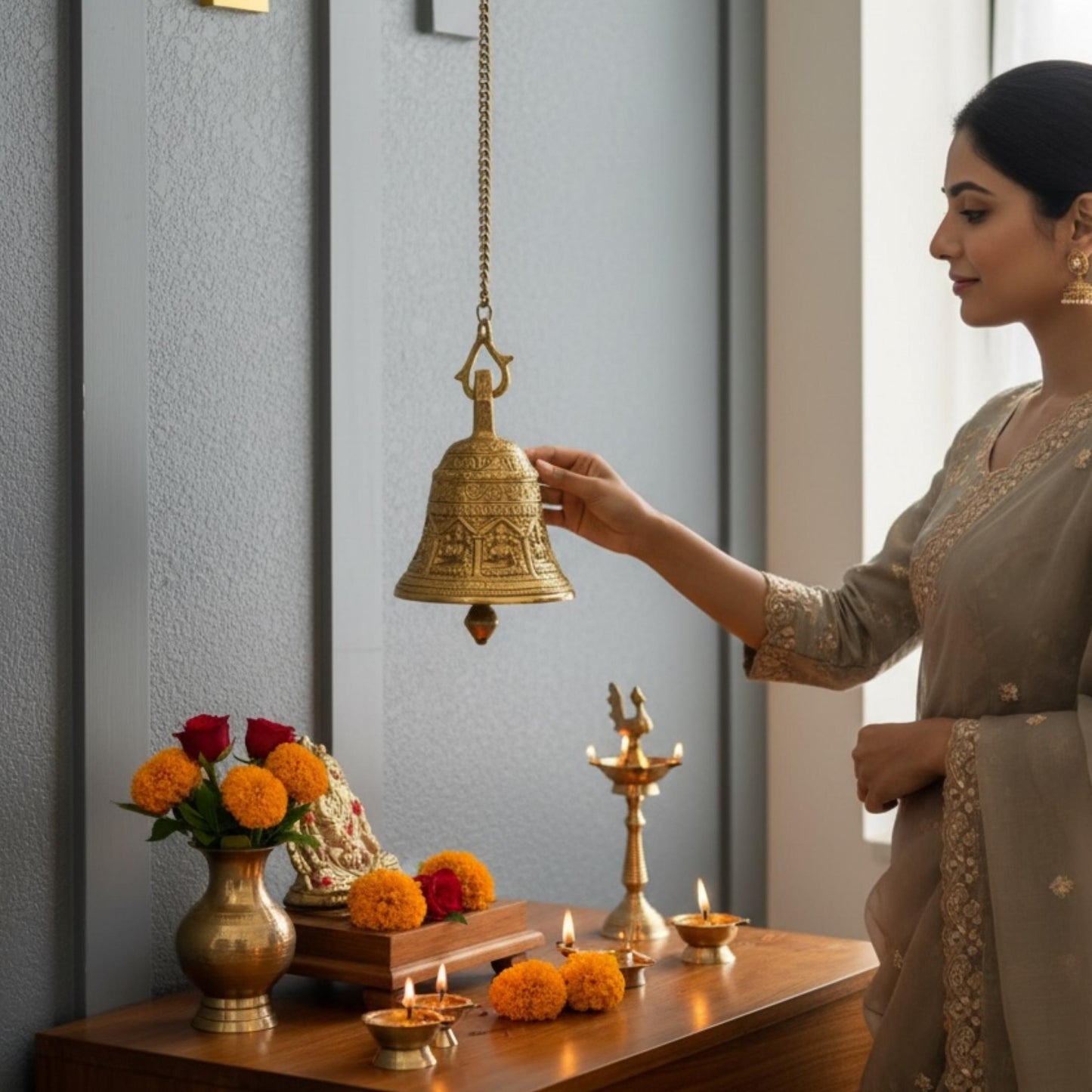 Urli Utsav Decor 25-inch Brass Hanging Bell for Temple Decor – Handcrafted Solid Brass Bell with Gold Finish for Pooja Room.