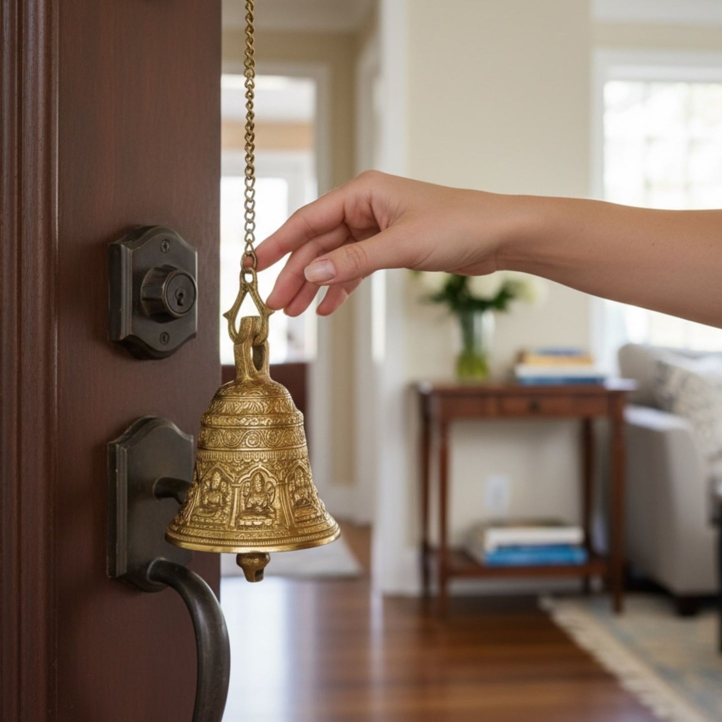 Traditional Indian brass hanging bell styled in a home entryway – Urli Utsav festive decor and auspicious housewarming gift idea.