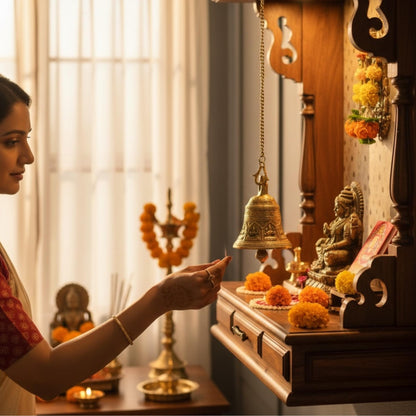 Woman performing a ritual at a home altar with a bell and statues.