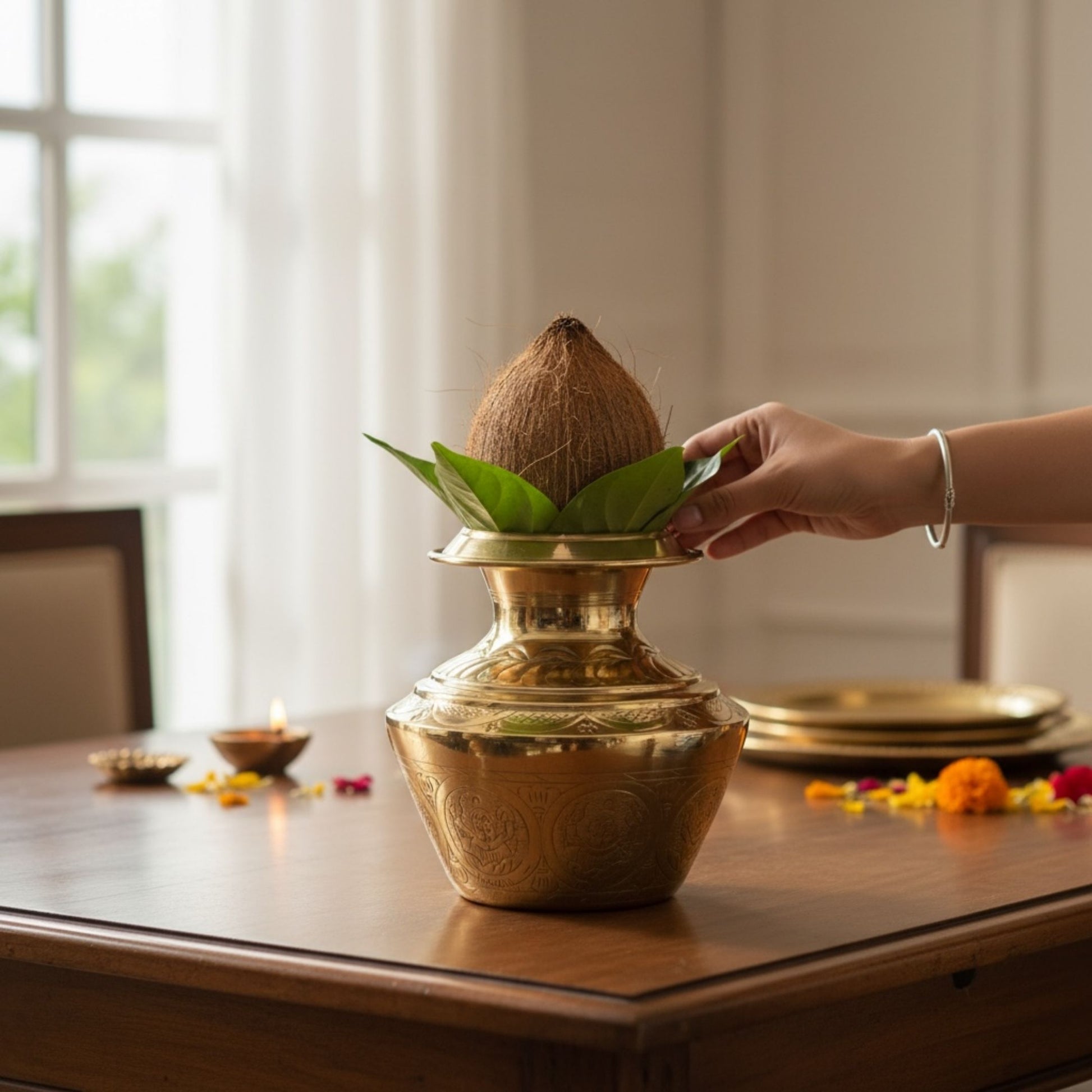 Brass Ashtalakshmi kalash styled with coconut in a pooja mandir setup for Diwali, Navratri, or Gruhapravesam rituals.