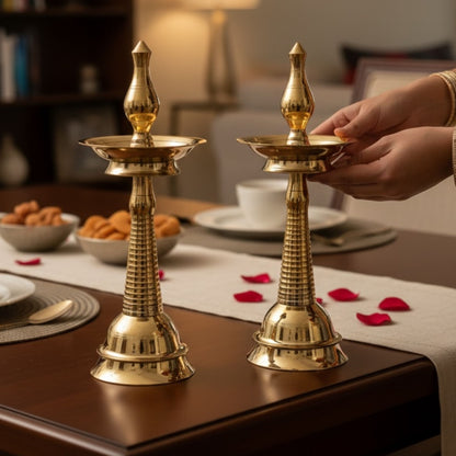 Set of 2 Urli Utsav 14-inch Brass Kerala Diya Oil Lamps – Traditional Kuthu Vilakku with golden polish for home temple and festive decor