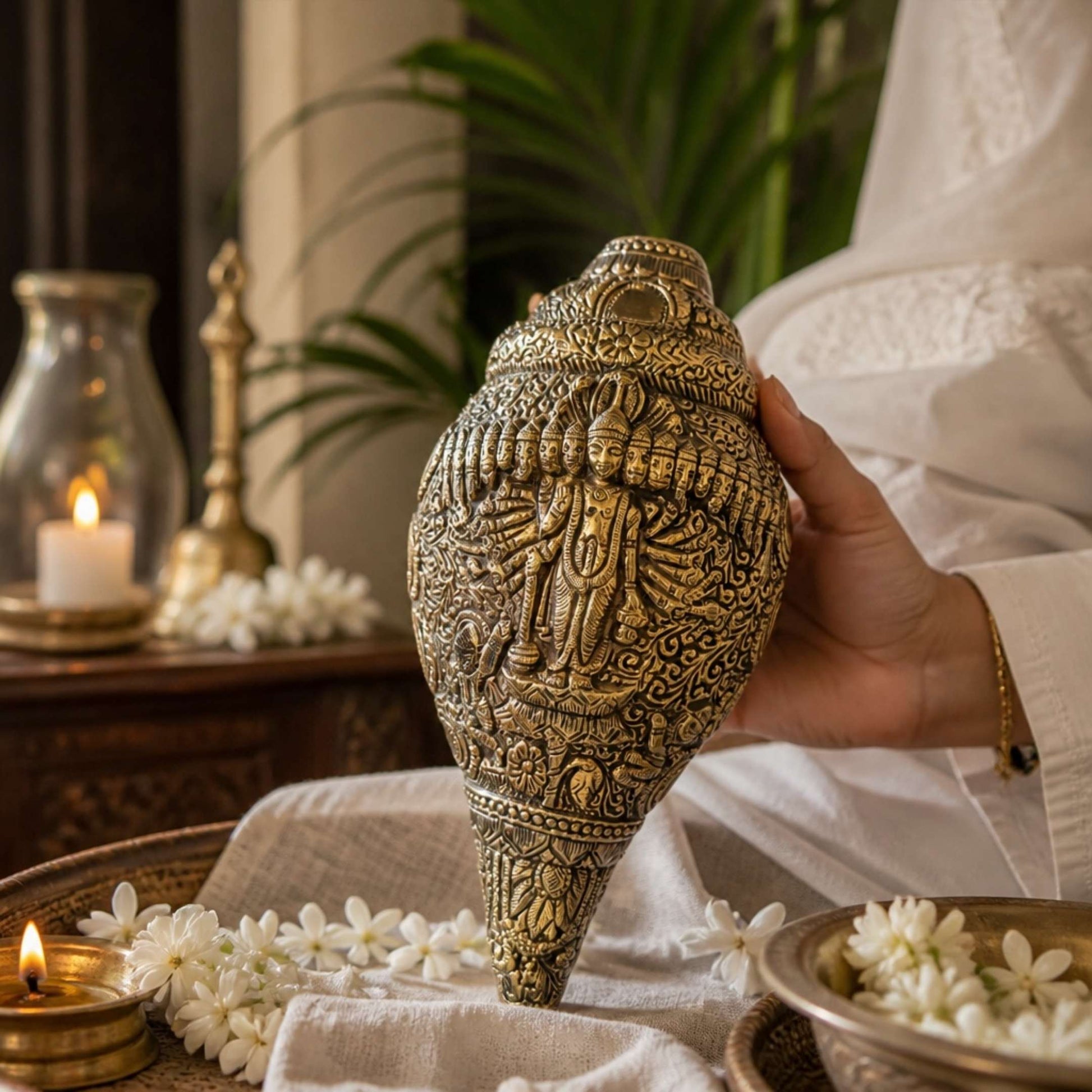 Brass Dashavatar Vishnu Shankh held in hand – hand-engraved conch for pooja decor