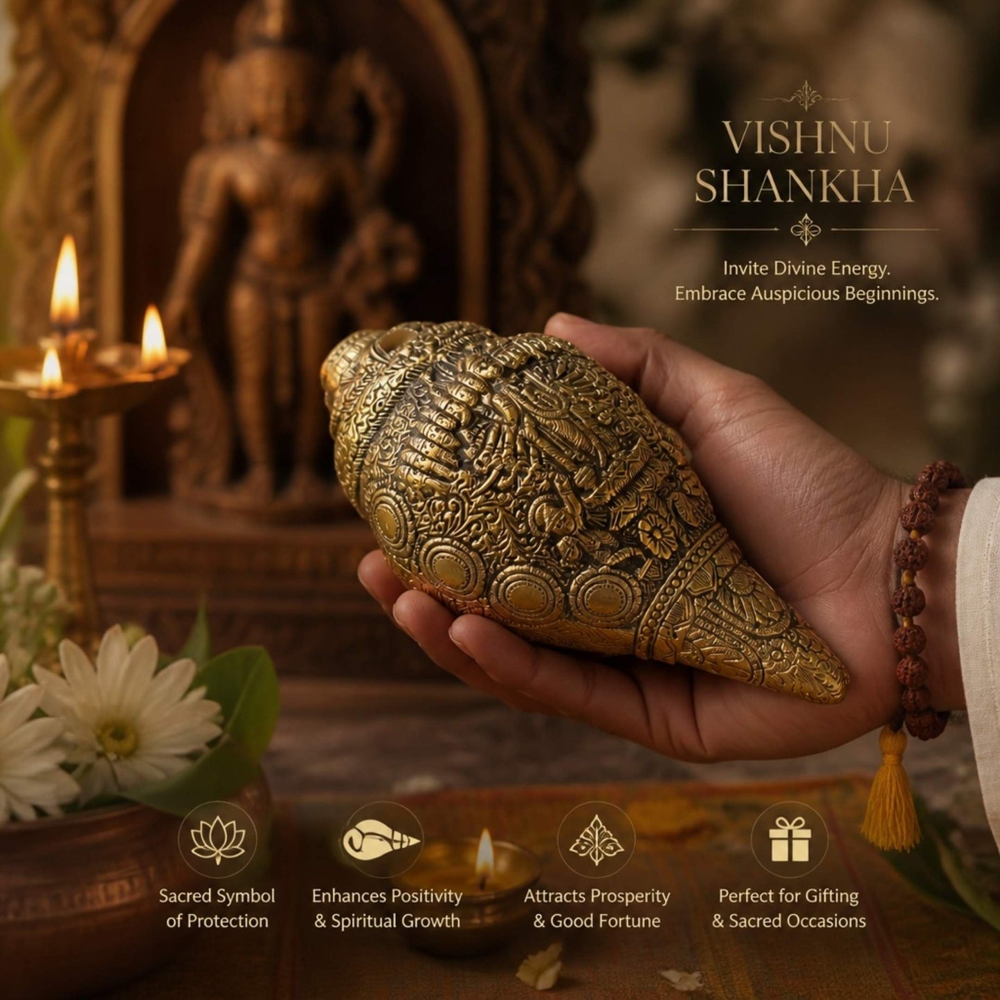 Brass Vishnu Shankha in pooja setting with deity statue and oil lamps Dashavatar conch