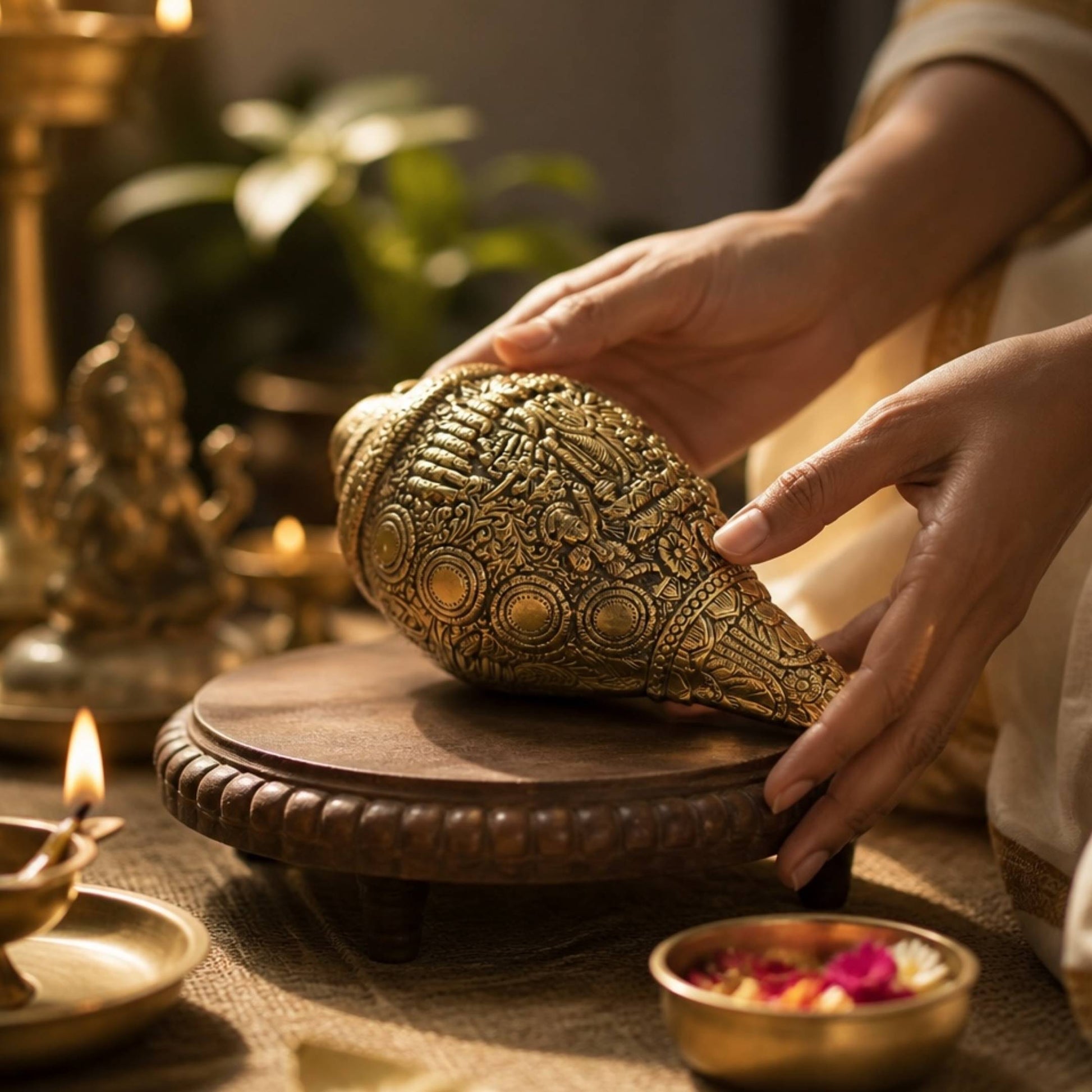 Both hands holding brass Dashavatar Shankh in home mandir setup with lit diyas