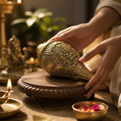 Both hands holding brass Dashavatar Shankh in home mandir setup with lit diyas