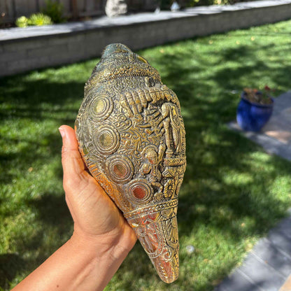 Brass Dashavatar Shankh antique gold finish with red accent relief Vishnu carvings