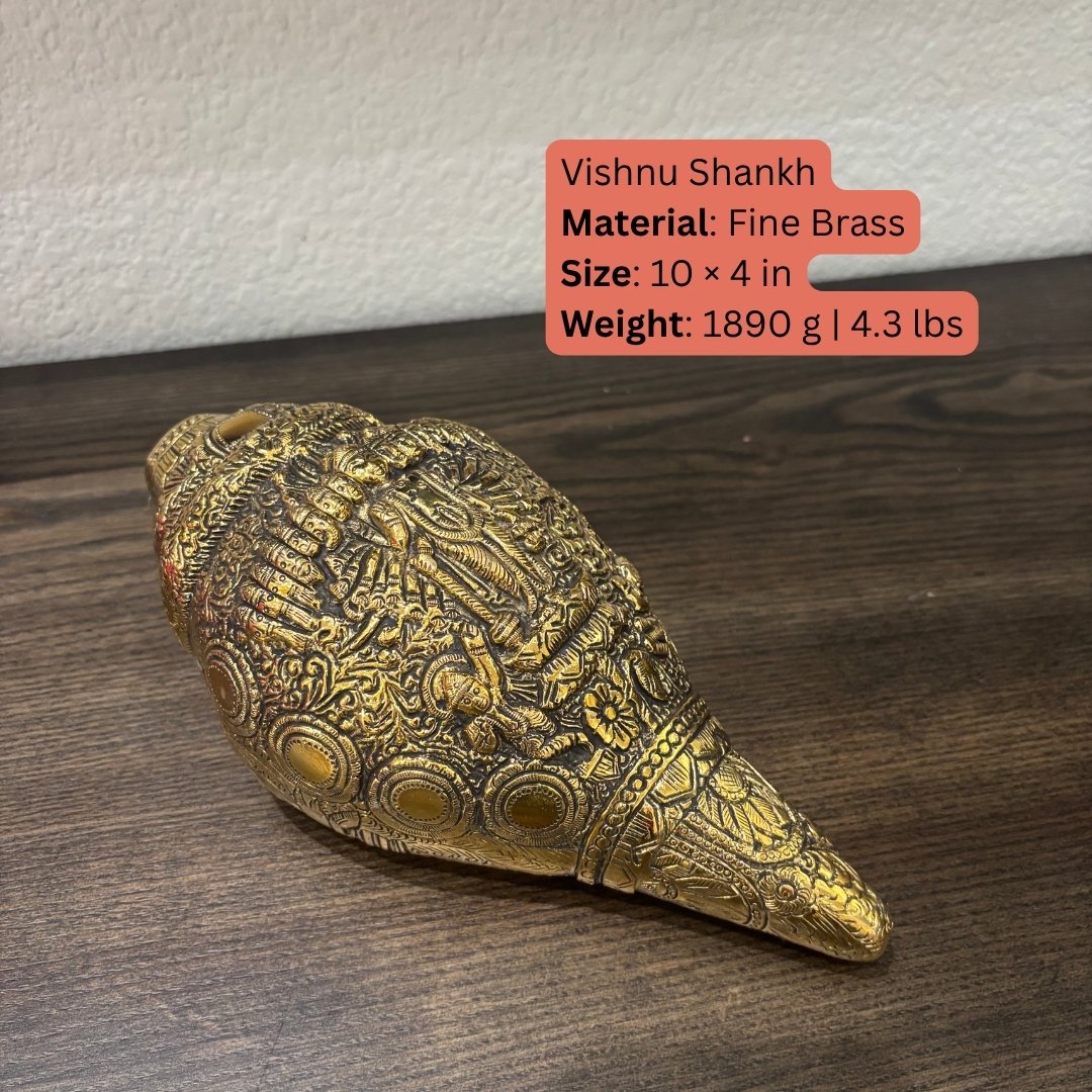 Brass Vishnu Shankh 10x4 in 1890g – antique gold finish Dashavatar engraved conch