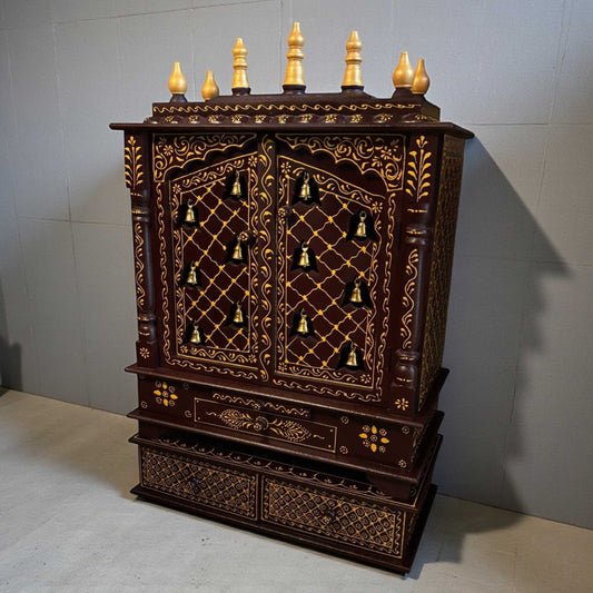 Walnut brown mango wood pooja mandir for home in USA by Urli Utsav Decor
