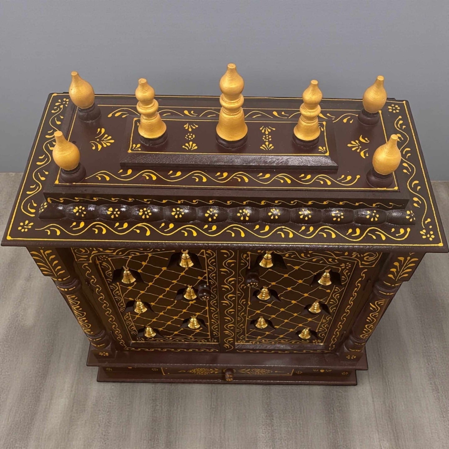 Traditional mango wood home temple mandir in walnut brown finish – angled product shot