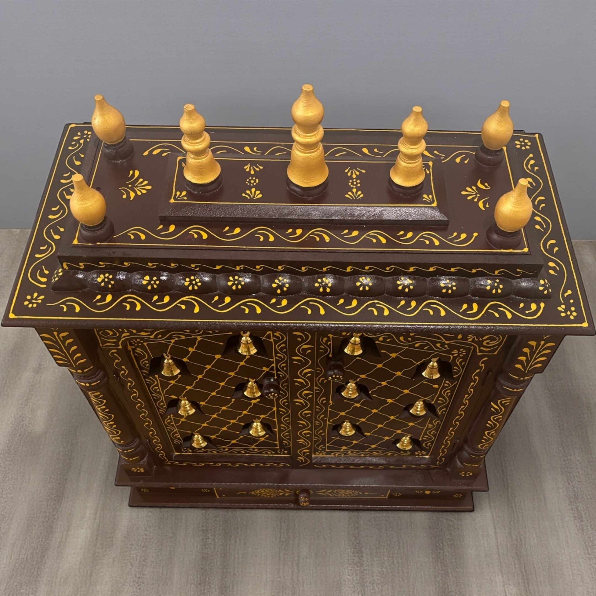 Traditional mango wood home temple mandir in walnut brown finish – angled product shot