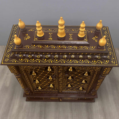 Traditional mango wood home temple mandir in walnut brown finish – angled product shot