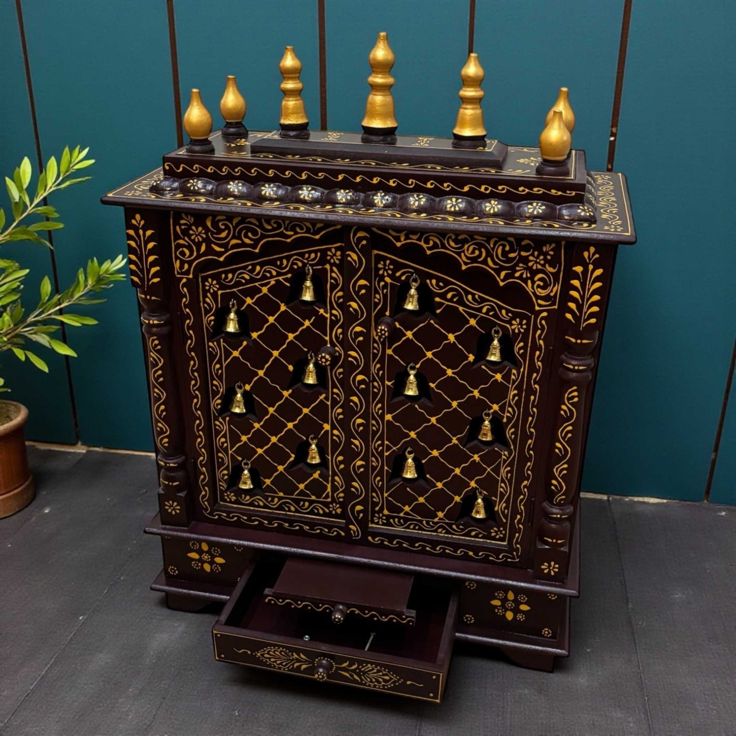 Walnut brown mango wood pooja mandir traditional home temple with brass bells front view