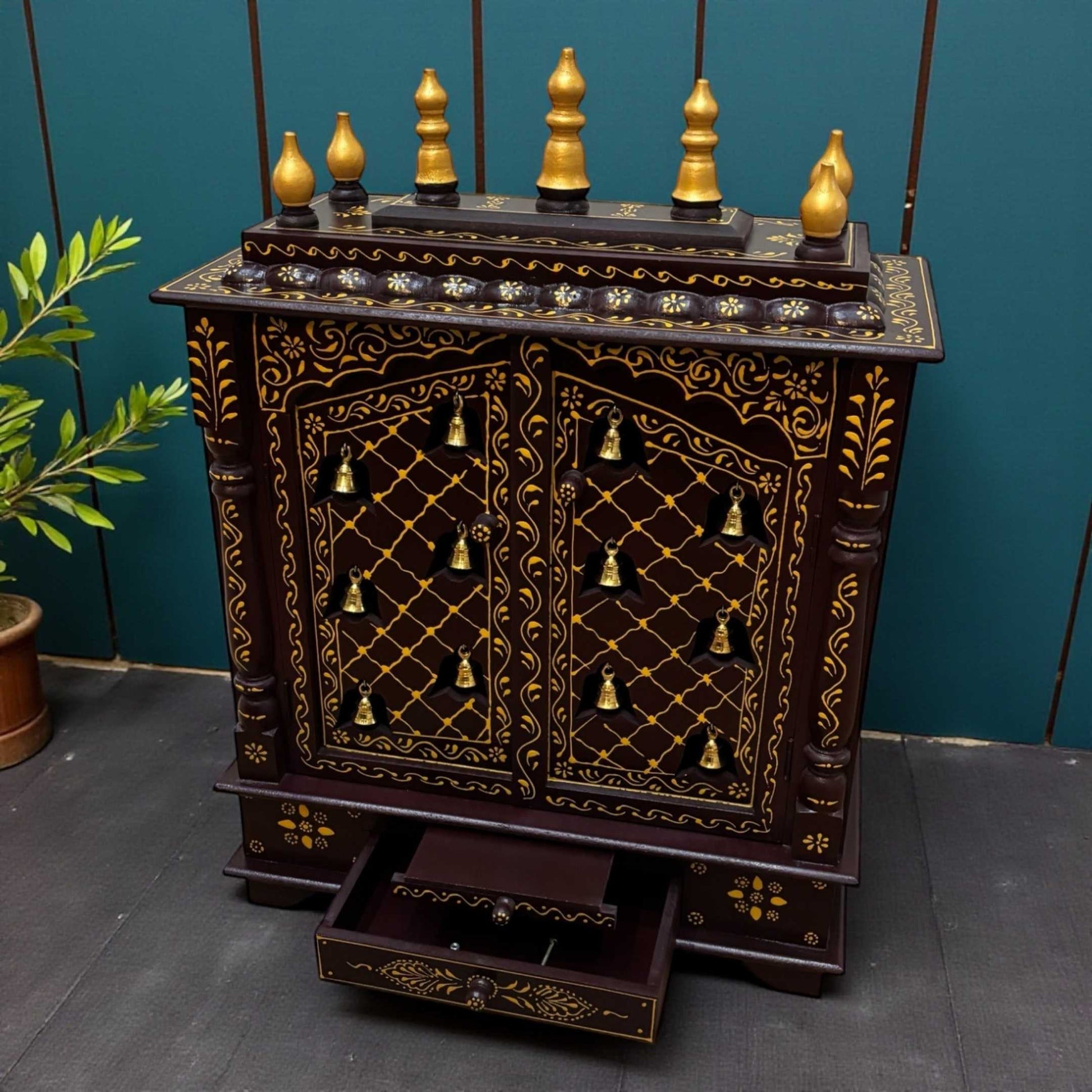 Walnut brown mango wood pooja mandir traditional home temple with brass bells front view