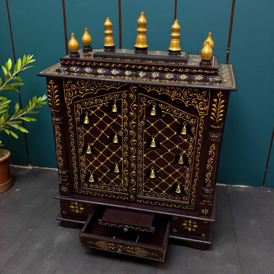 Walnut brown mango wood pooja mandir traditional home temple with brass bells front view