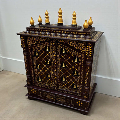 Side view of 32-inch wooden mandir in brown and gold finish showing interior space for idols and decor