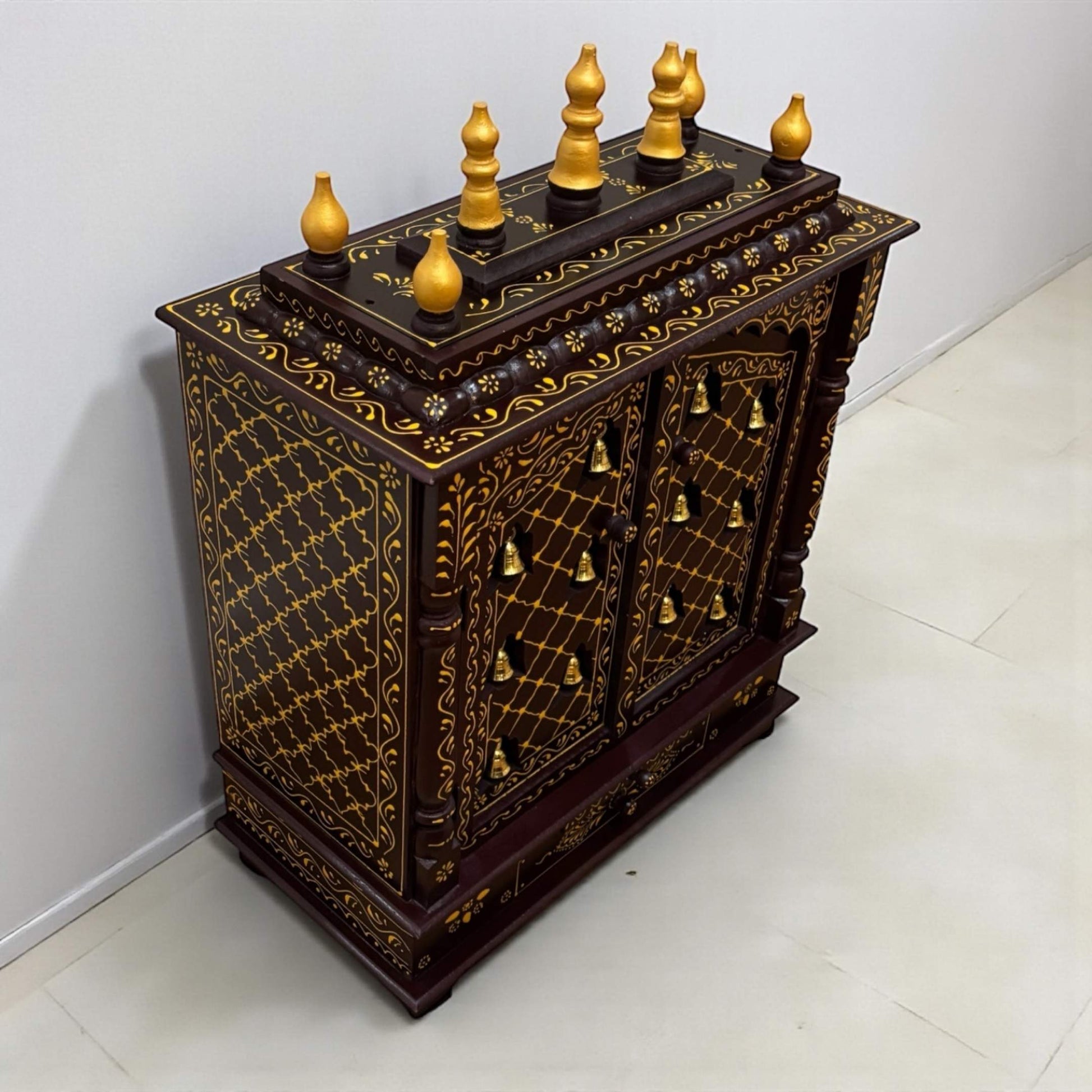 Urli Utsav pooja mandir placed in a traditional Indian pooja room setting for daily rituals