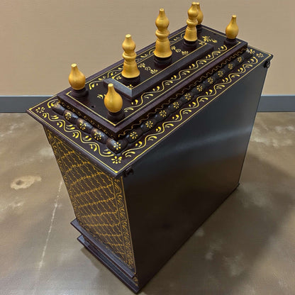 Back view of 32-inch wooden mandir in brown and gold finish showing interior space for idols and decor