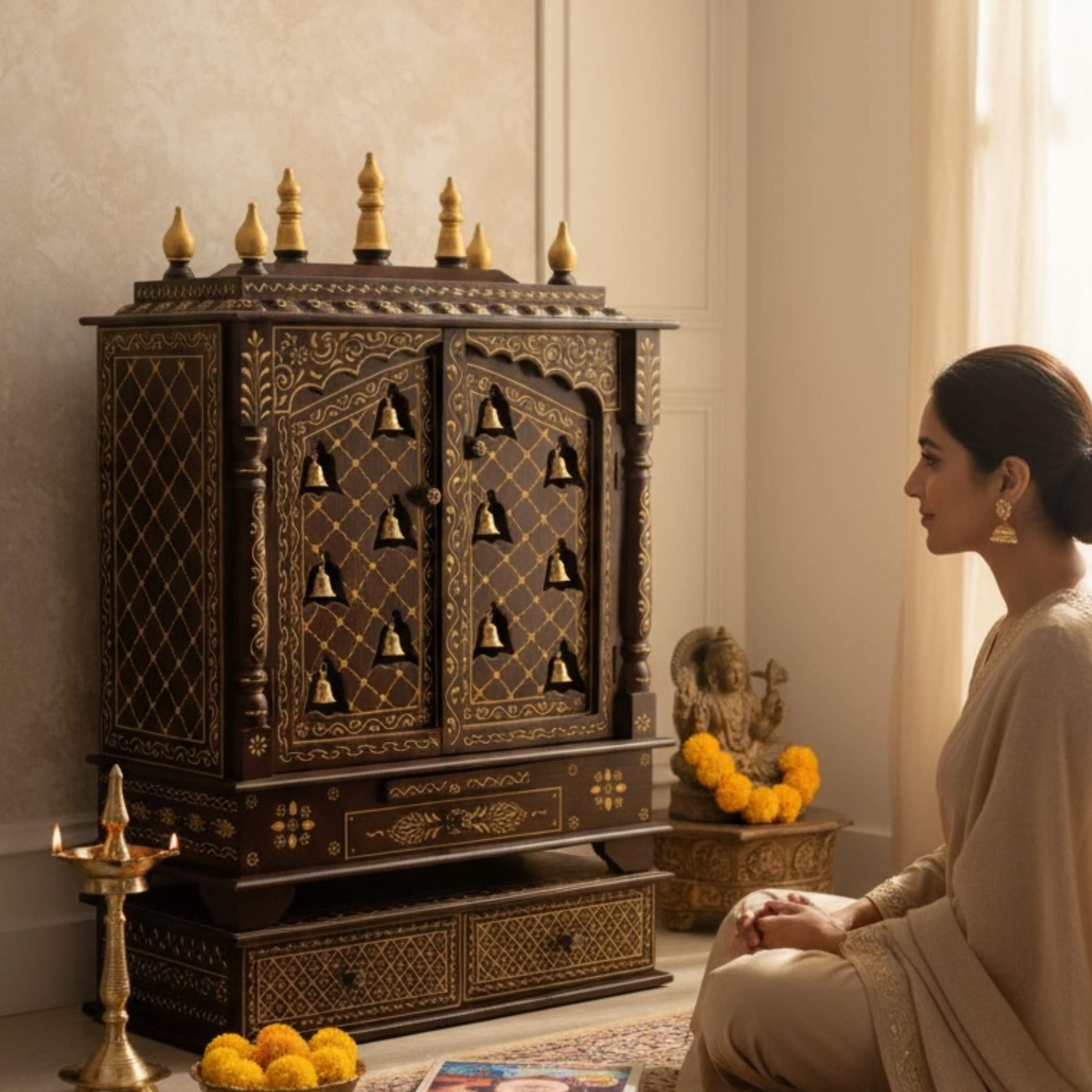 Woman performing puja in front of Urli Utsav wooden temple with bells