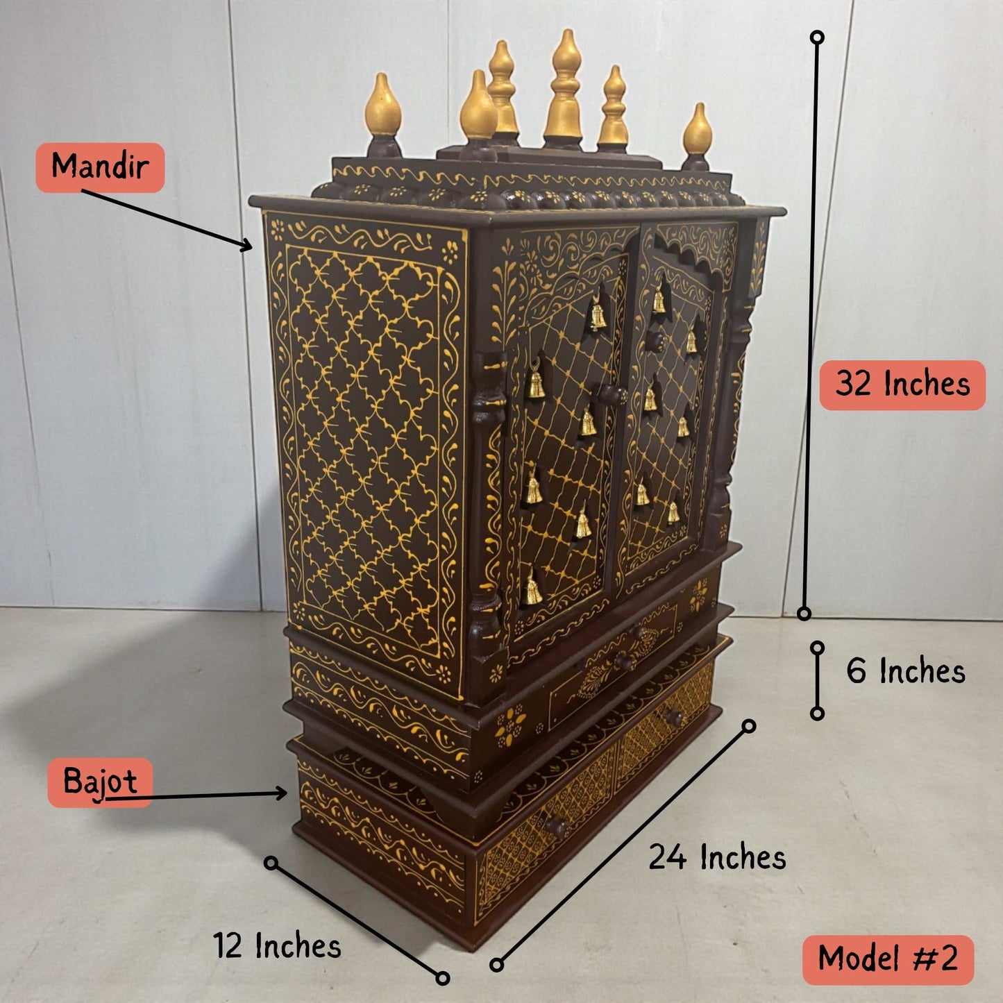 32×24×12 inches walnut brown mango wood pooja mandir with brass bells and 6x24x12 inches Bajot. Mandir is resting on the Bajot