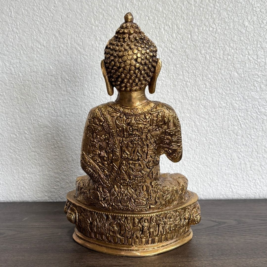 Intricate detailing, back view of premium 12-inch Brass Buddha Statue