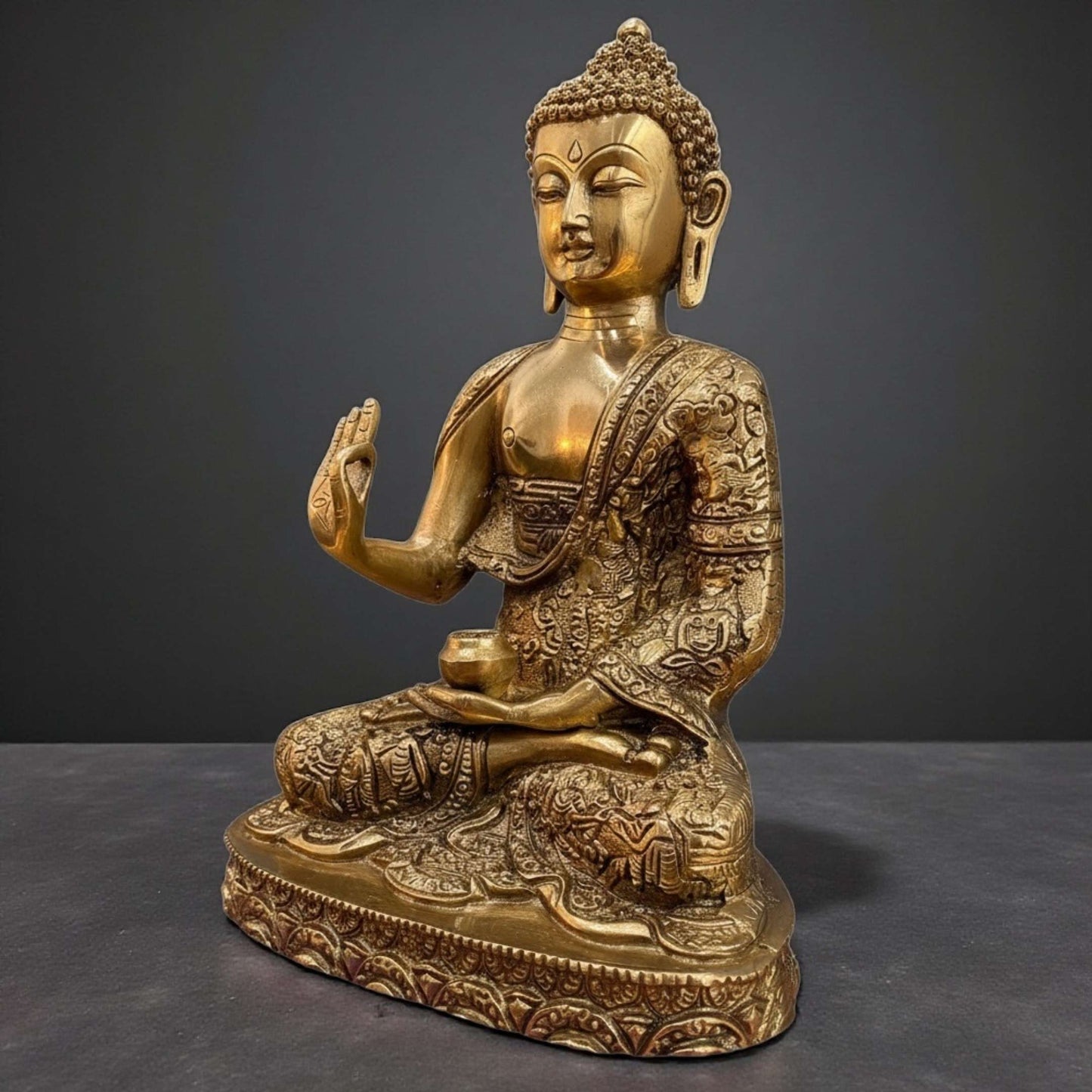 12" Brass Buddha Statue Vitarka Mudra antique gold finish on dark gray background