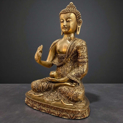 12" Brass Buddha Statue Vitarka Mudra antique gold finish on dark gray background