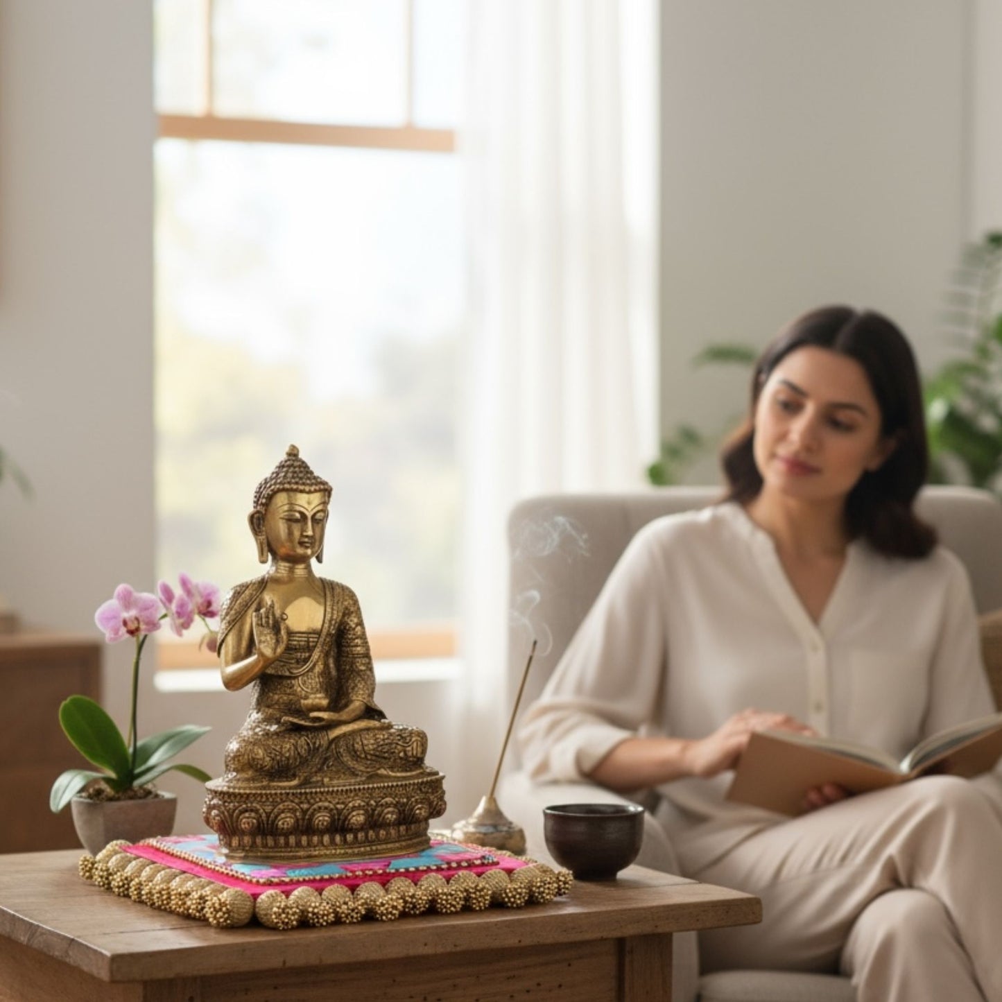 Cozy living room with woman reading beside 12" Brass Buddha on side table — wellness decor