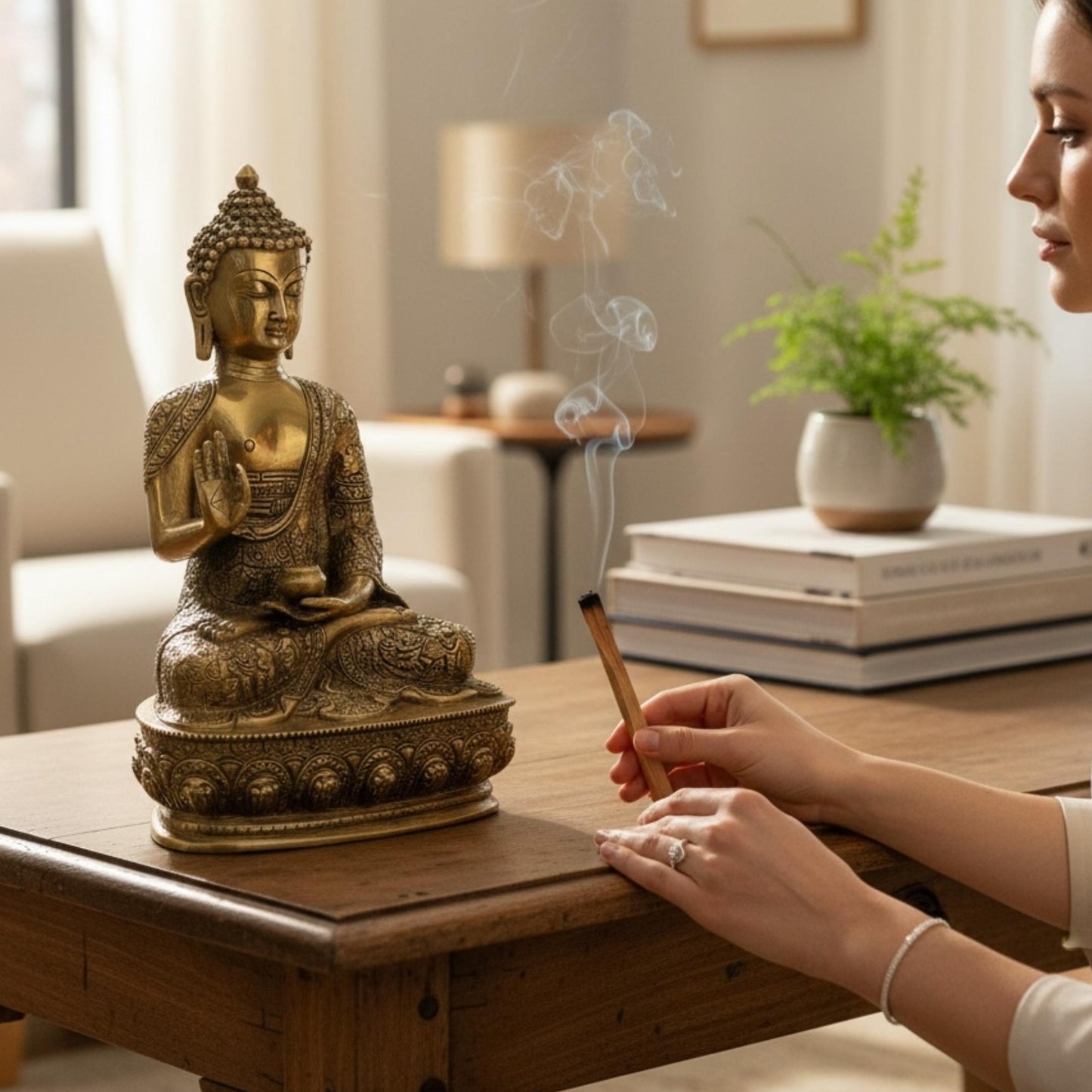 Woman lighting incense beside Brass Buddha on wooden table — ritual and altar setup