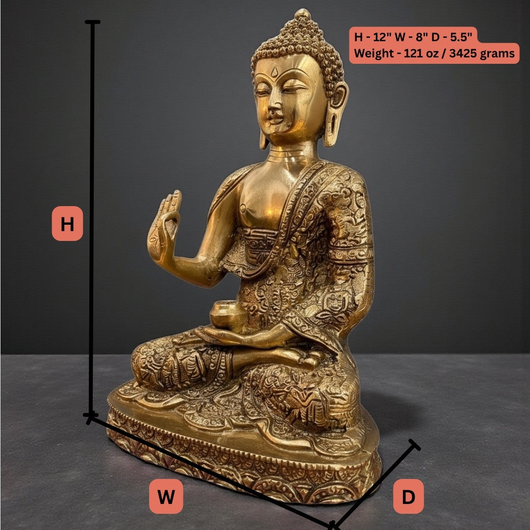 Product spec image: 12" height, 8" width, 5.5" depth, 3425g weight – Brass Buddha details