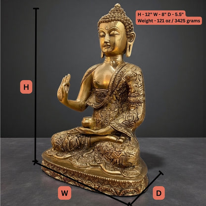 Product spec image: 12" height, 8" width, 5.5" depth, 3425g weight – Brass Buddha details