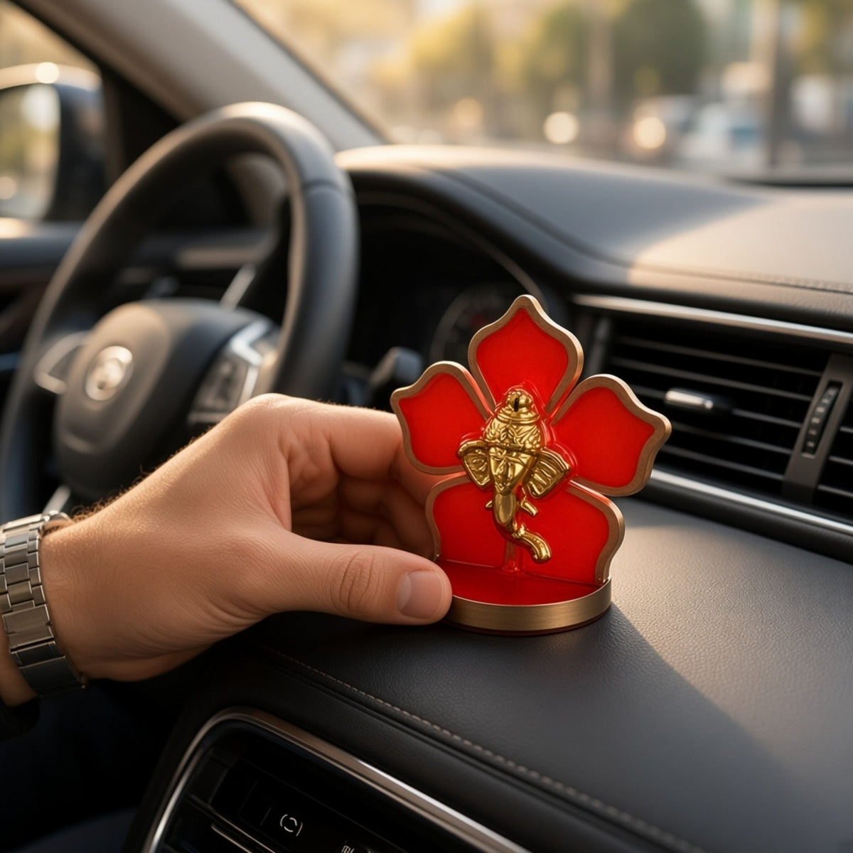 Hand pressing a red flower Ganesha idol onto a car dashboard beside the air vent