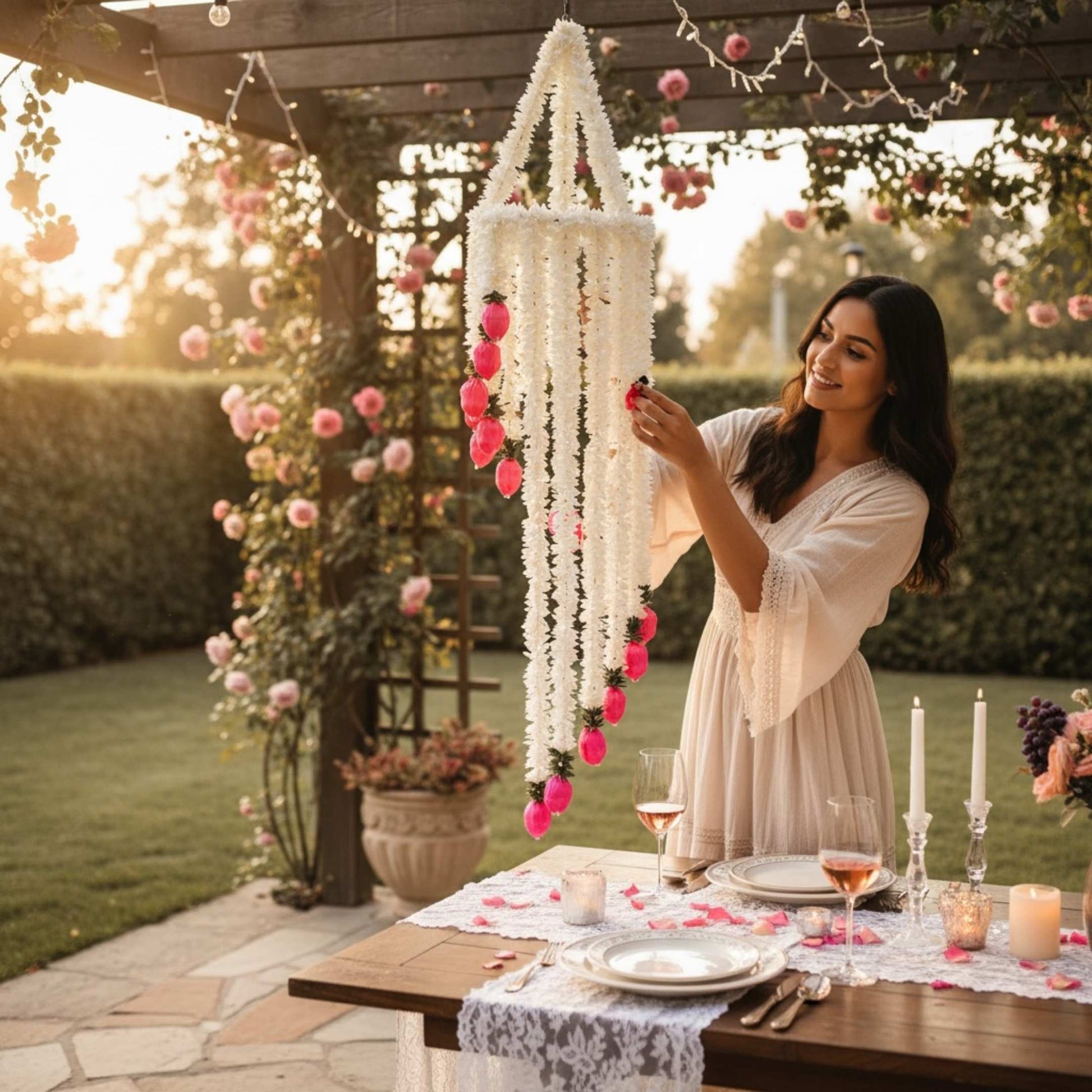 Woman adjusting a white jasmine chandelier with pink lotus buds over an outdoor table