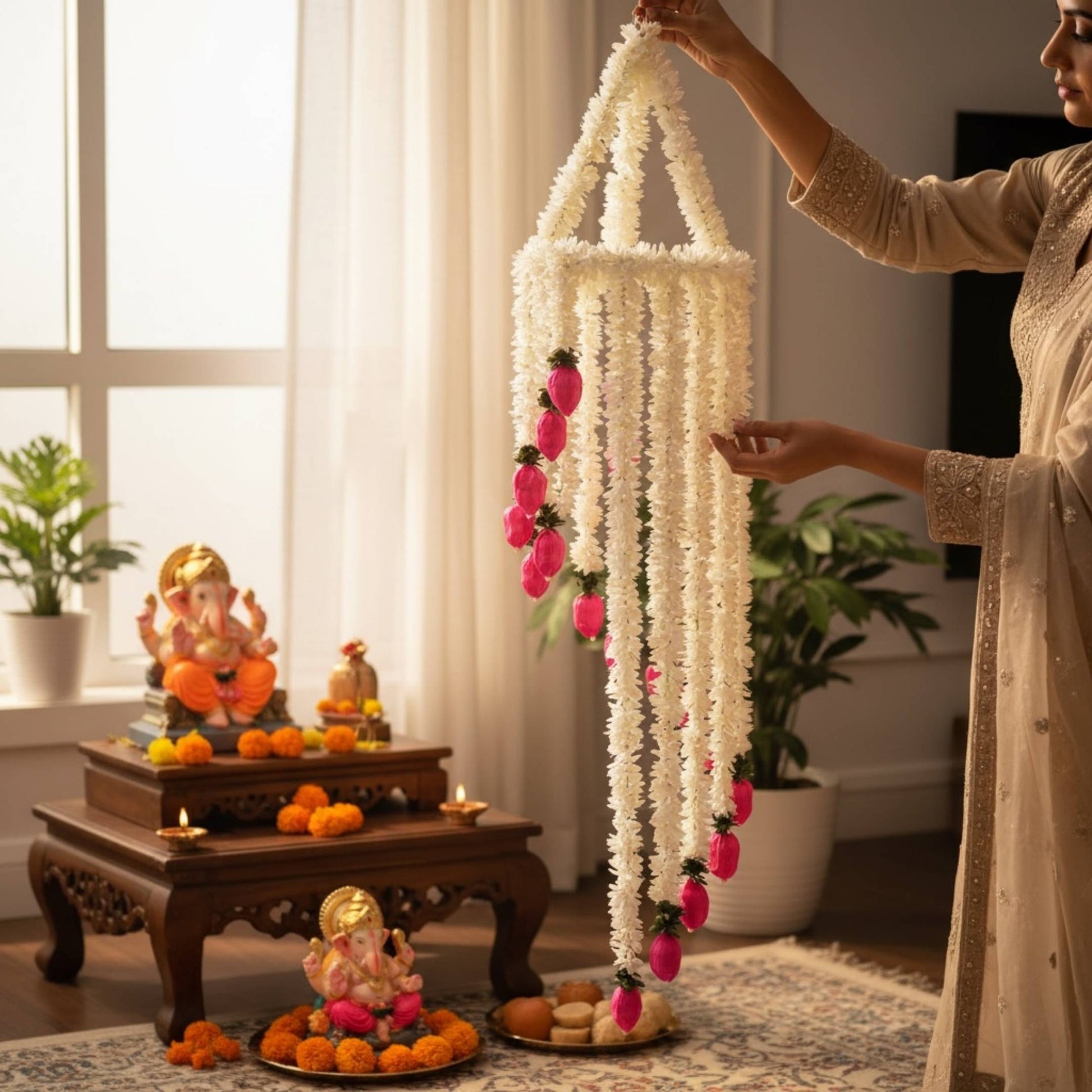 Woman hanging a white jasmine chandelier with pink lotus buds near a Ganesha pooja setup