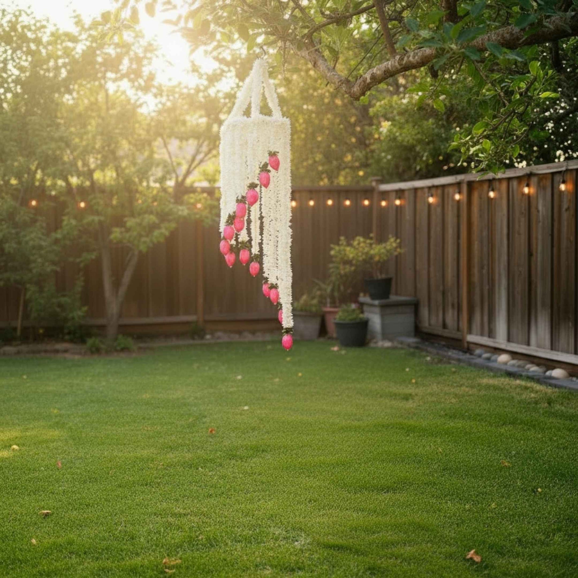 White jasmine chandelier with pink lotus bud tassels hanging from a tree in a backyard