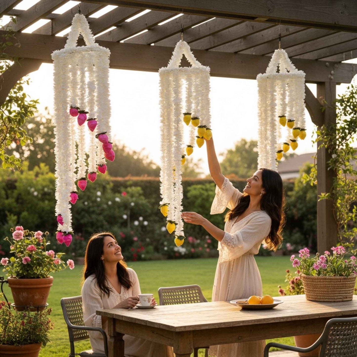 Woman hanging pink, yellow & pink jasmine chandeliers over a pergola with tea and roses