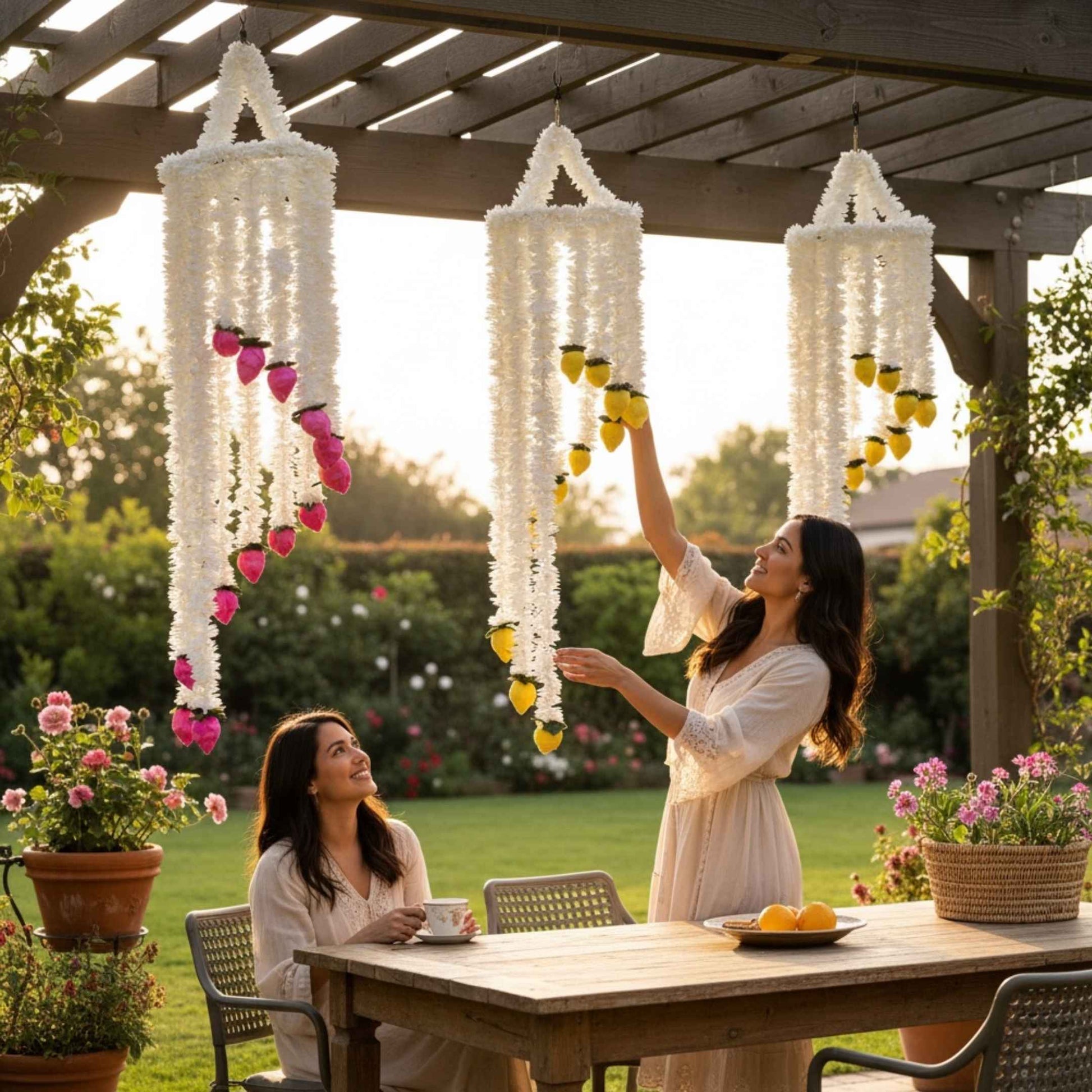 Woman hanging pink, yellow & pink jasmine chandeliers over a pergola with tea and roses