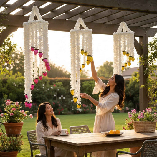 Woman hanging pink, yellow & pink jasmine chandeliers over a pergola with tea and roses