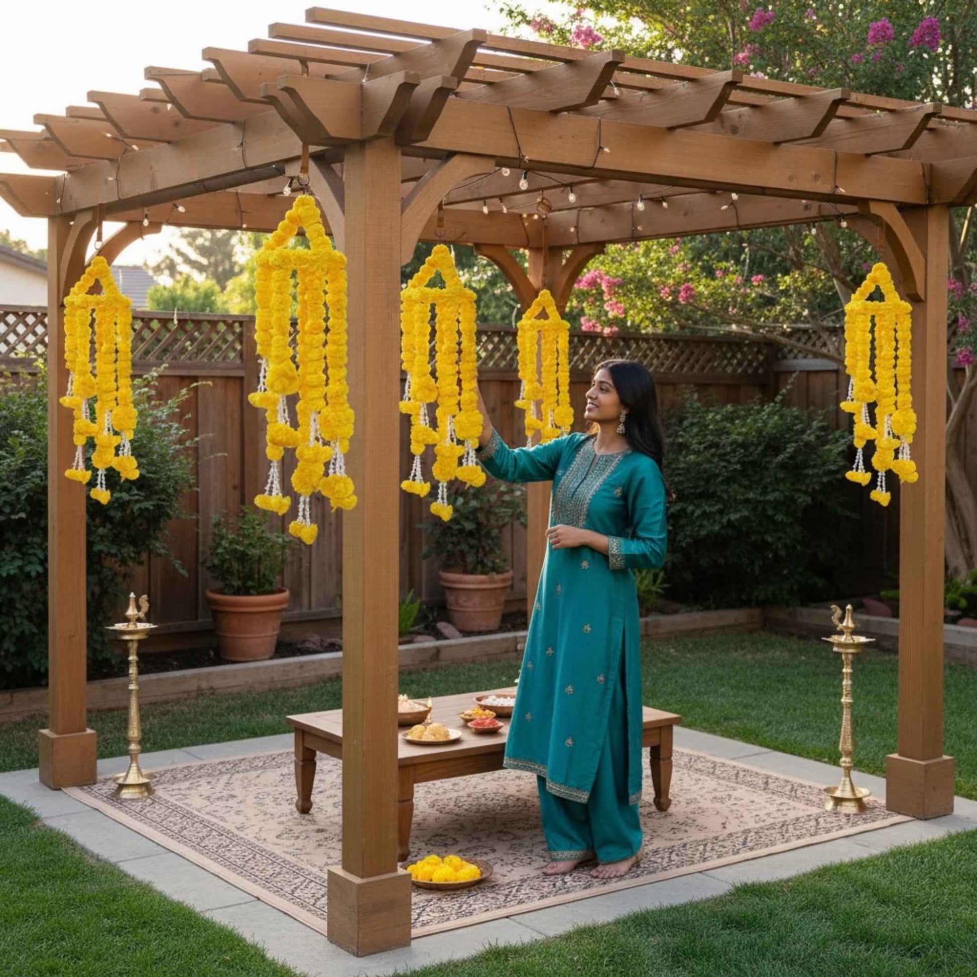 Woman adjusting yellow marigold ball chandelier garlands under wooden pergola with brass diya stands
