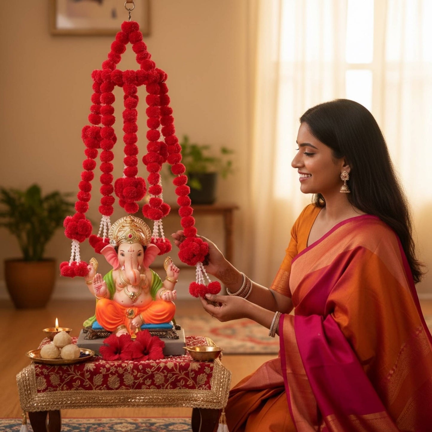 Woman adjusting red marigold ball chandelier garland over Ganesha idol for Ganesh Chaturthi