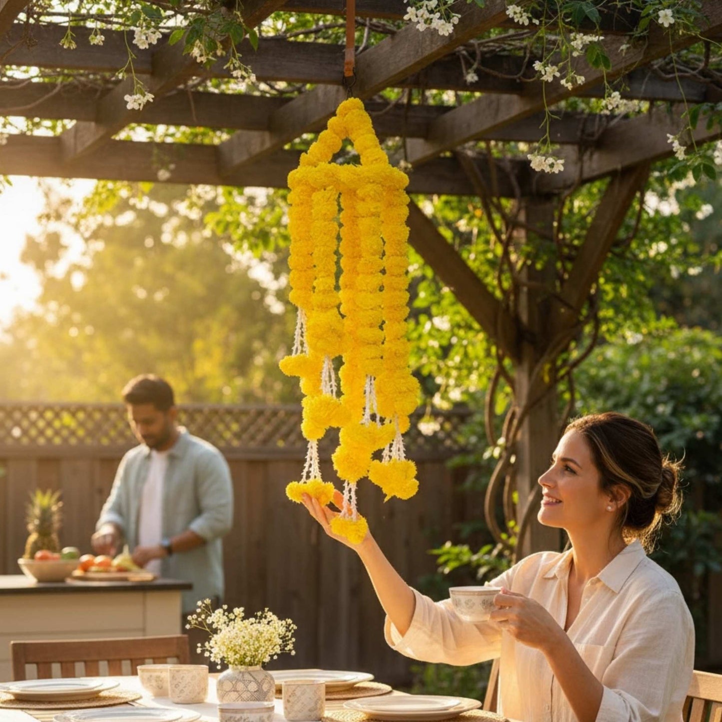Woman holding tea cup reaching for yellow marigold ball chandelier hanging from wooden pergola