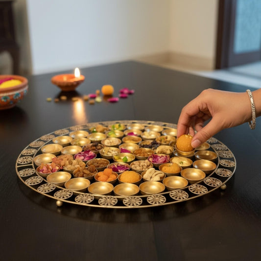 Gold-finished Chappan 56 Bhog Thali with 56 small cups for Laddu Gopal bhog offering