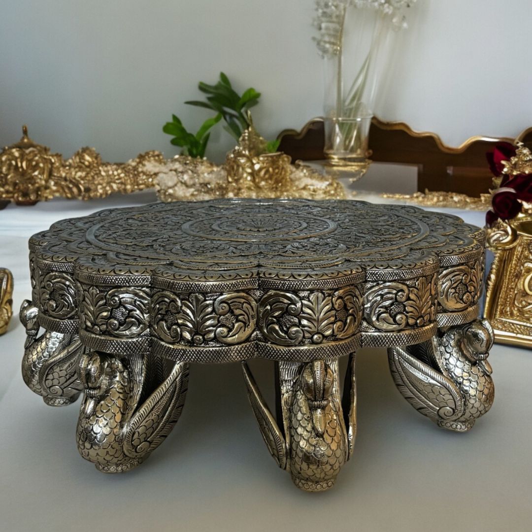 Urli Utsav German Silver Swan Chowki - Indian Decor Store In USA