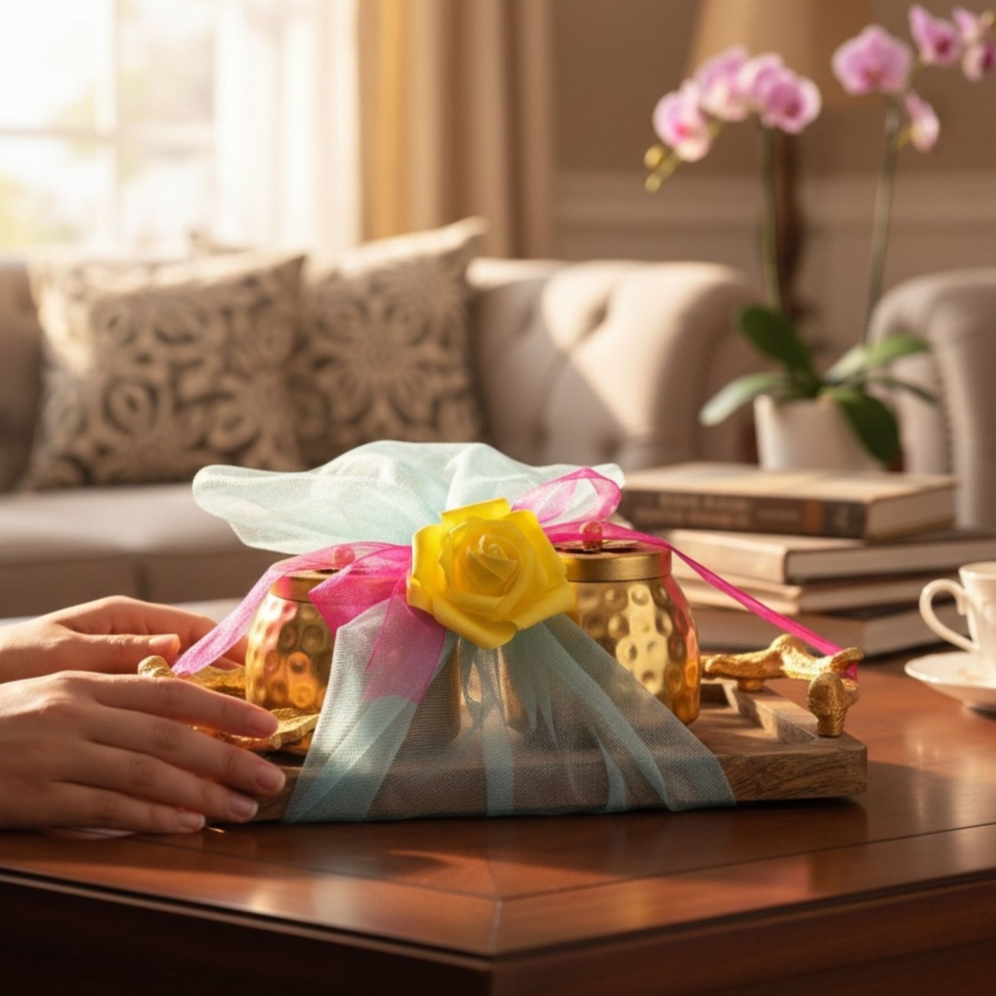 Warm lifestyle view of the Premium Indian Gifting Set — copper jar or box option staged in home décor