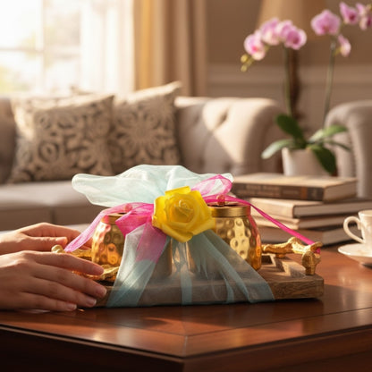 Warm lifestyle view of the Premium Indian Gifting Set — copper jar or box option staged in home décor