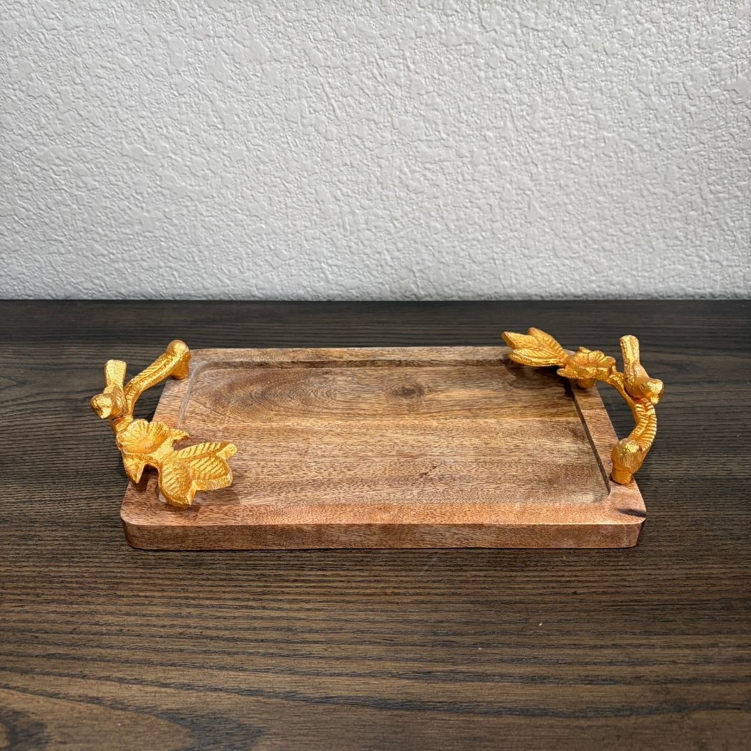 Wooden tray with golden handles used for copper jar hamper — serving tray for copper jars