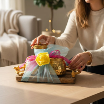Person arranging the Premium Indian Gifting Set on a cozy living room table