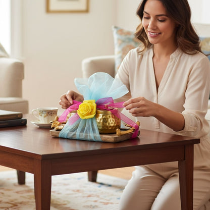 Woman arranging decorative items on a coffee table in a living room.