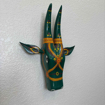 Handcrafted Green Indian Nandi Cow Head Sculpture – Traditional Wall Art by Urli Utsav