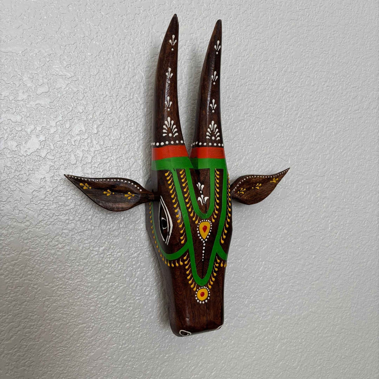 Hand-Painted Natural Brown Wooden Nandi Cow Head – Sacred Indian Wall Art by Urli Utsav